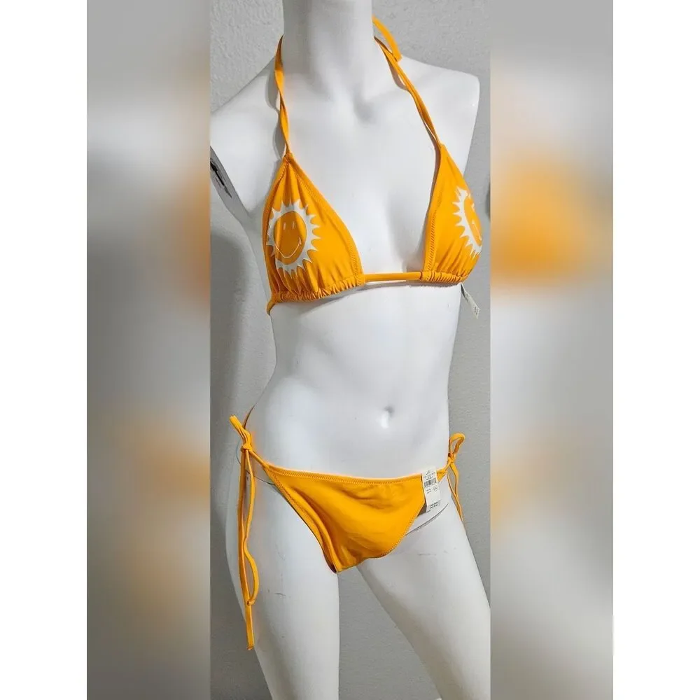 NWT Aerie 2 SET Smiley String Triangle Top + Cheekiest Bottom Orange